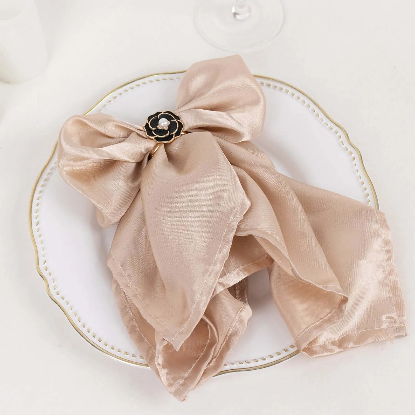 10 Pack Black Pearl Floral Metal Chair Sash Pin Buckles with Gold Rim, 3D Rose Shaped Scarf Bow Napkin Rings