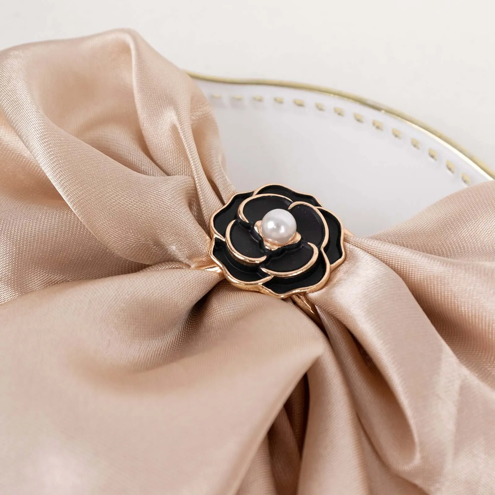 10 Pack Black Pearl Floral Metal Chair Sash Pin Buckles with Gold Rim, 3D Rose Shaped Scarf Bow Napkin Rings