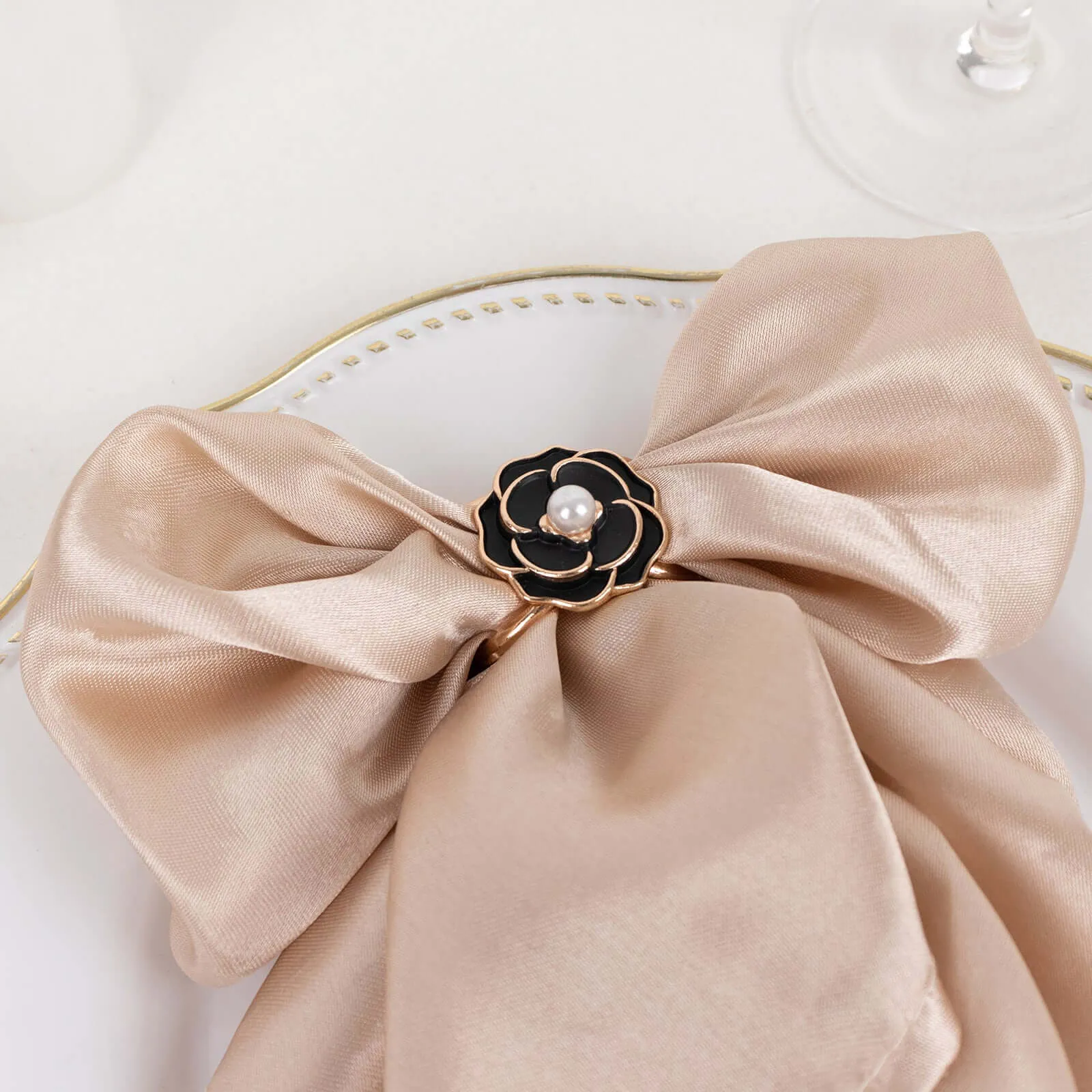 10 Pack Black Pearl Floral Metal Chair Sash Pin Buckles with Gold Rim, 3D Rose Shaped Scarf Bow Napkin Rings