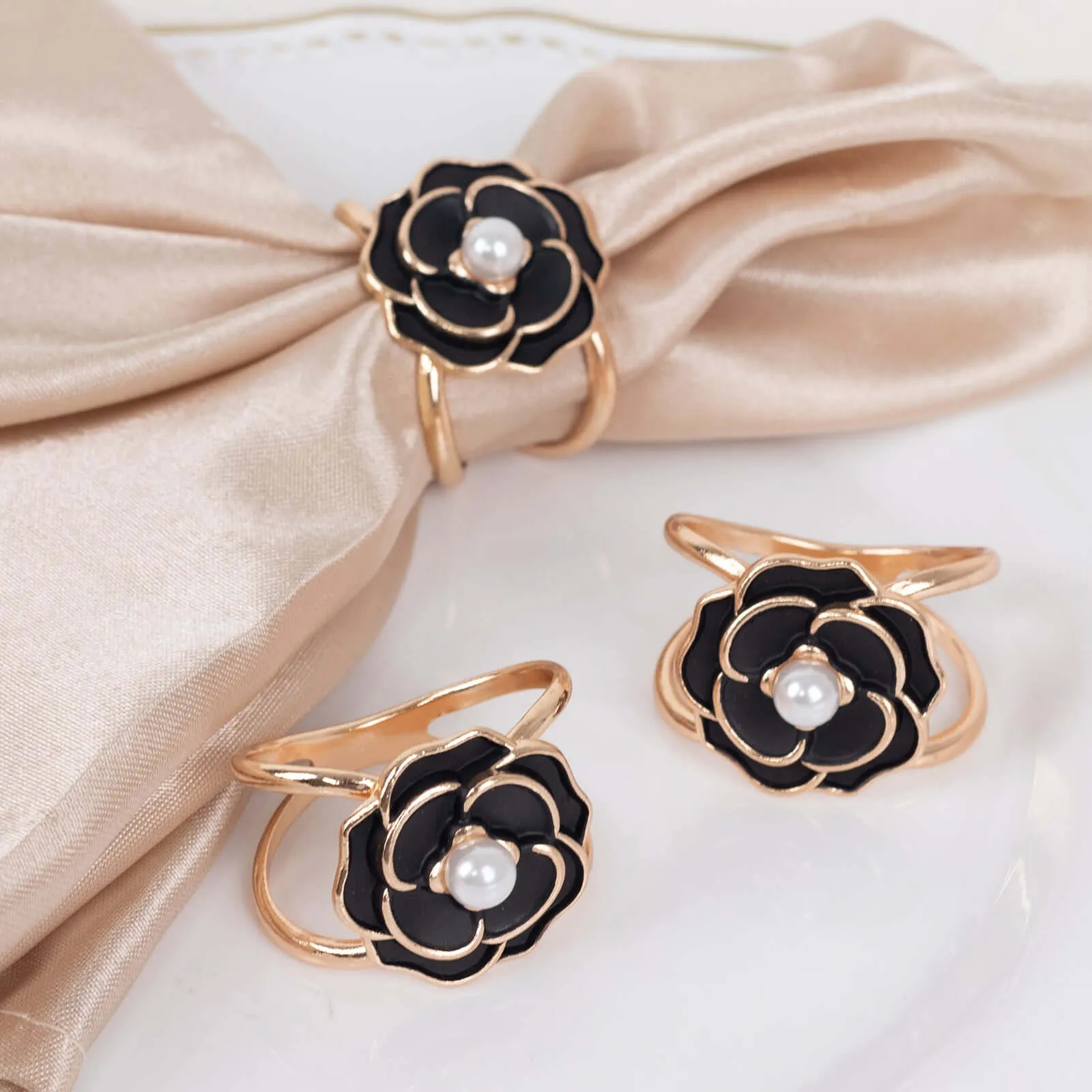 10 Pack Black Pearl Floral Metal Chair Sash Pin Buckles with Gold Rim, 3D Rose Shaped Scarf Bow Napkin Rings