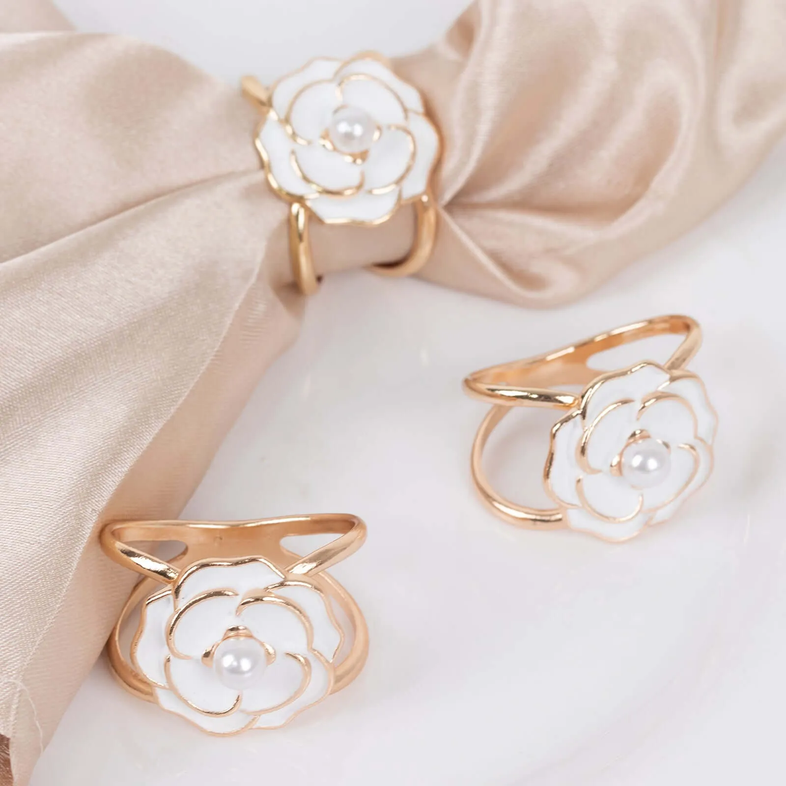 10 Pack White Pearl Floral Metal Chair Sash Pin Buckles with Gold Rim, 3D Rose Shaped Scarf Bow Napkin Rings