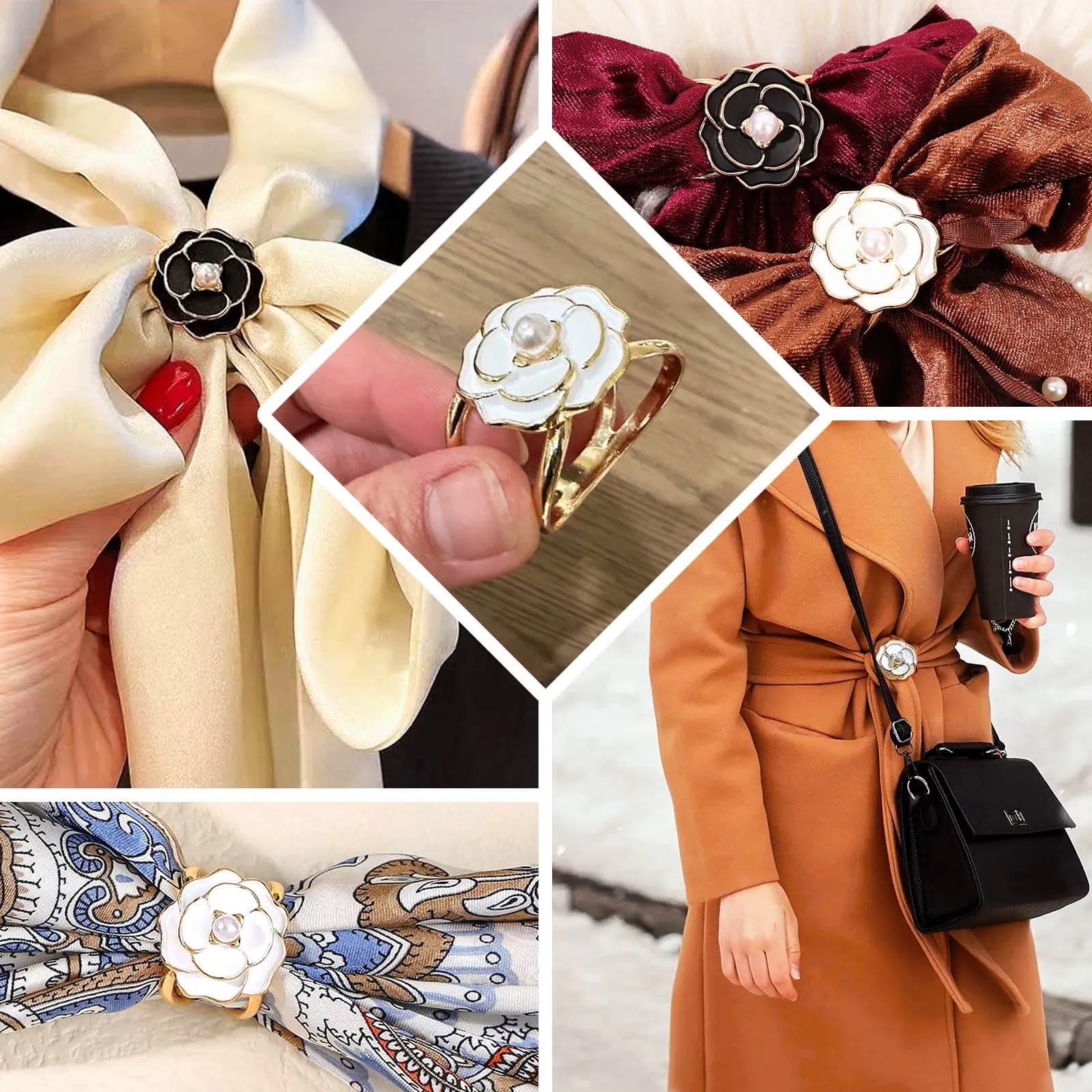 10 Pack White Pearl Floral Metal Chair Sash Pin Buckles with Gold Rim, 3D Rose Shaped Scarf Bow Napkin Rings