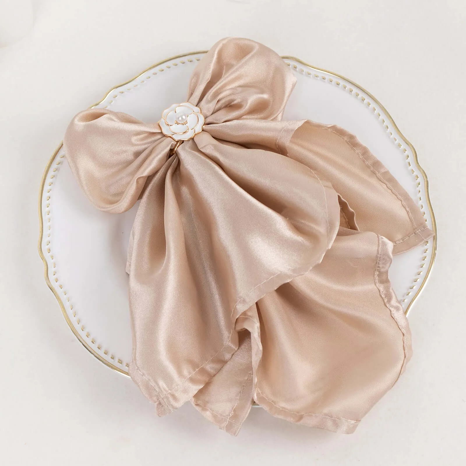 10 Pack White Pearl Floral Metal Chair Sash Pin Buckles with Gold Rim, 3D Rose Shaped Scarf Bow Napkin Rings