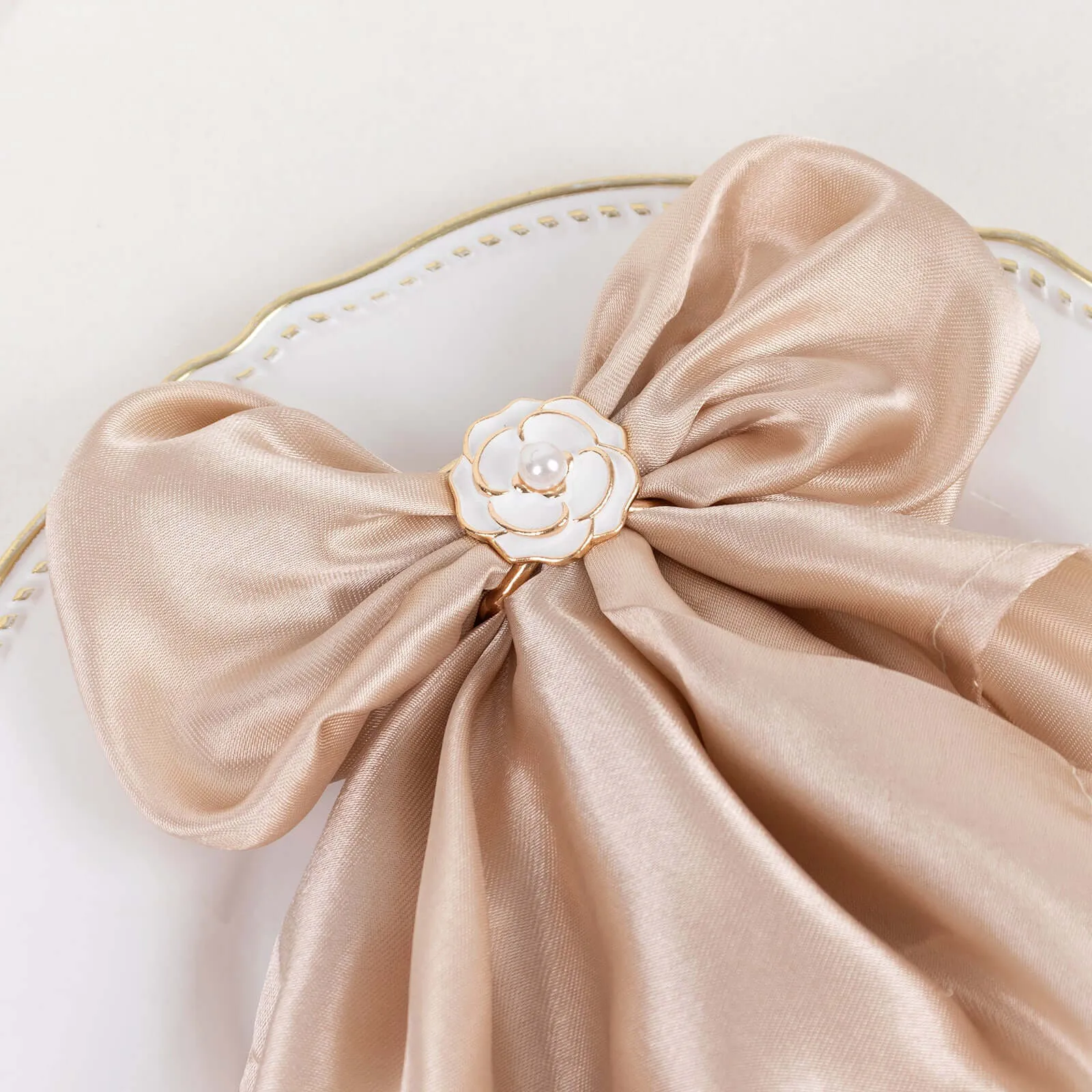 10 Pack White Pearl Floral Metal Chair Sash Pin Buckles with Gold Rim, 3D Rose Shaped Scarf Bow Napkin Rings