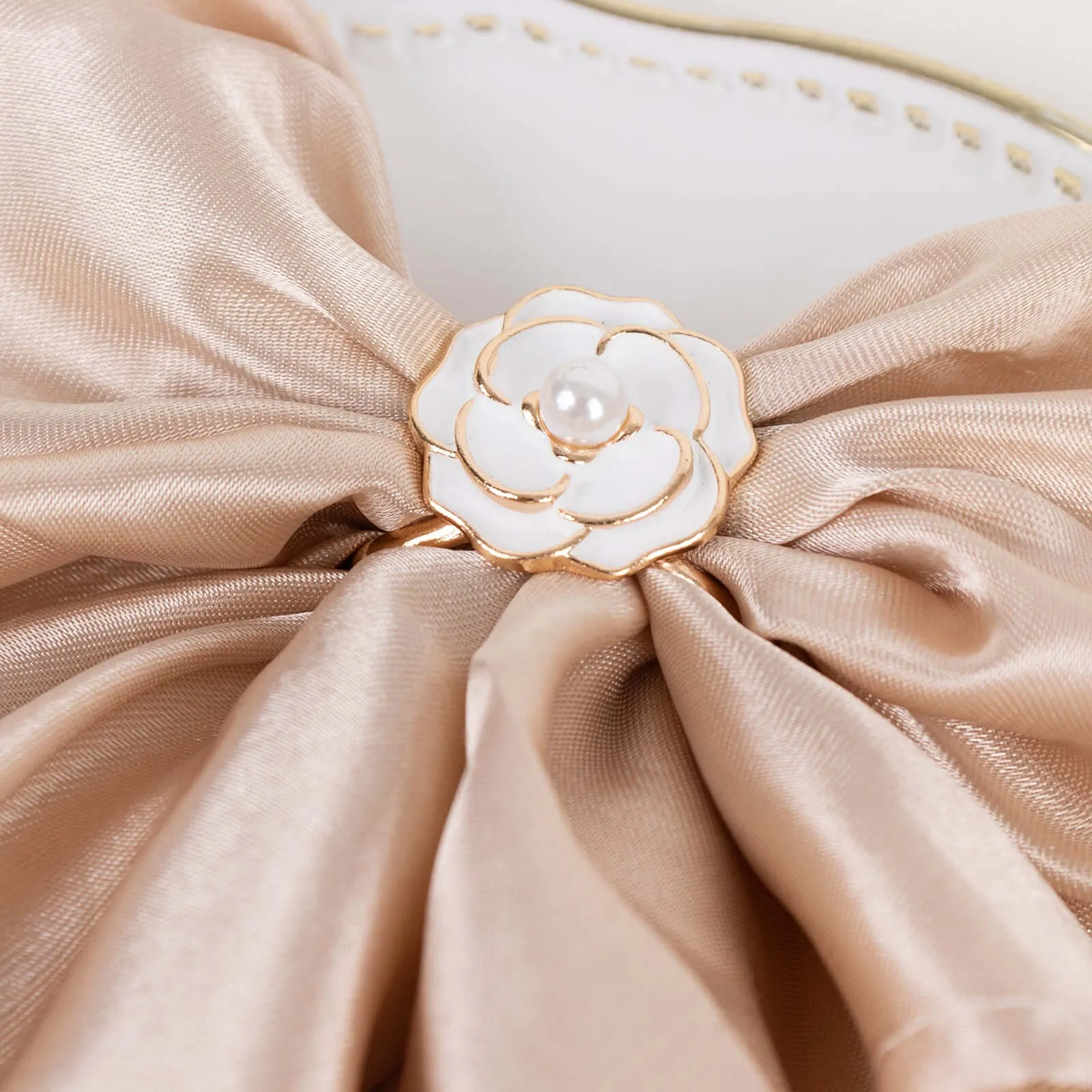 10 Pack White Pearl Floral Metal Chair Sash Pin Buckles with Gold Rim, 3D Rose Shaped Scarf Bow Napkin Rings