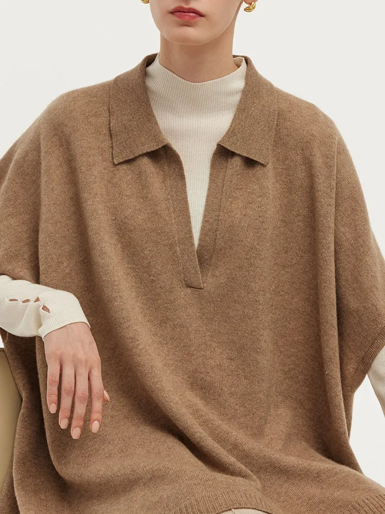 100% Cashmere Polo Collar Poncho Sweater