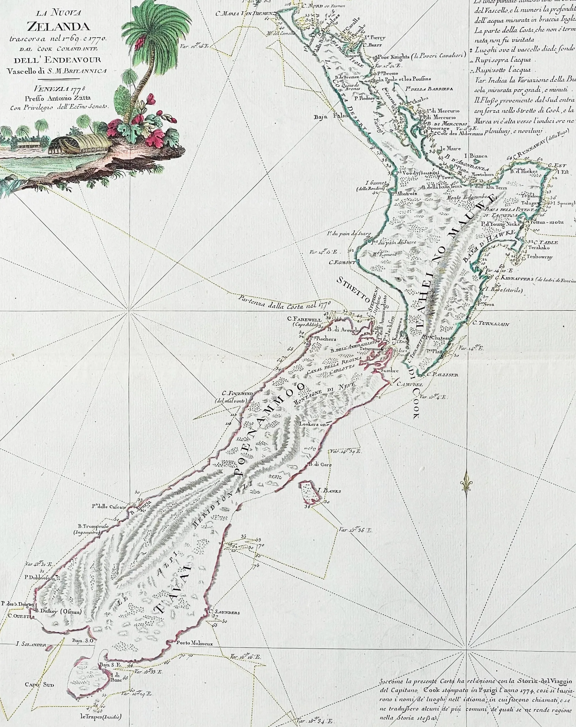 1778 Antonio Zatta Antique Map of New Zealand af. Captain James Cook - Magnificent