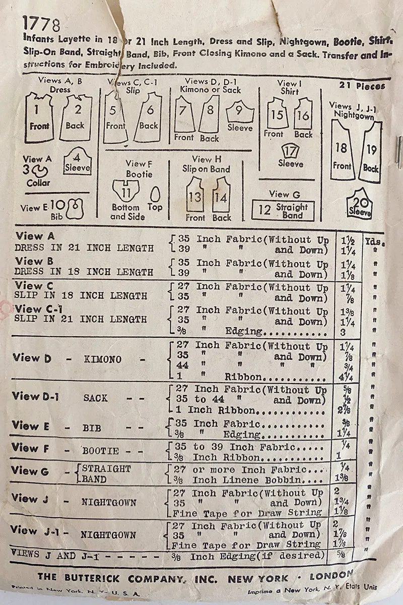 1942 Vintage Butterick 1778 Infant Layette Sewing Pattern