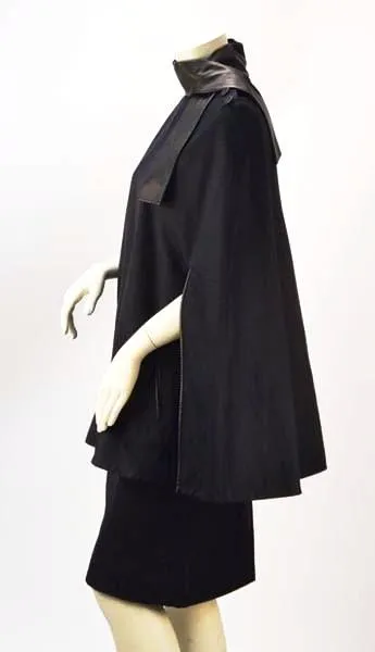 1990s Givenchy by Galliano Navy and Leather Cape Skirt Suit