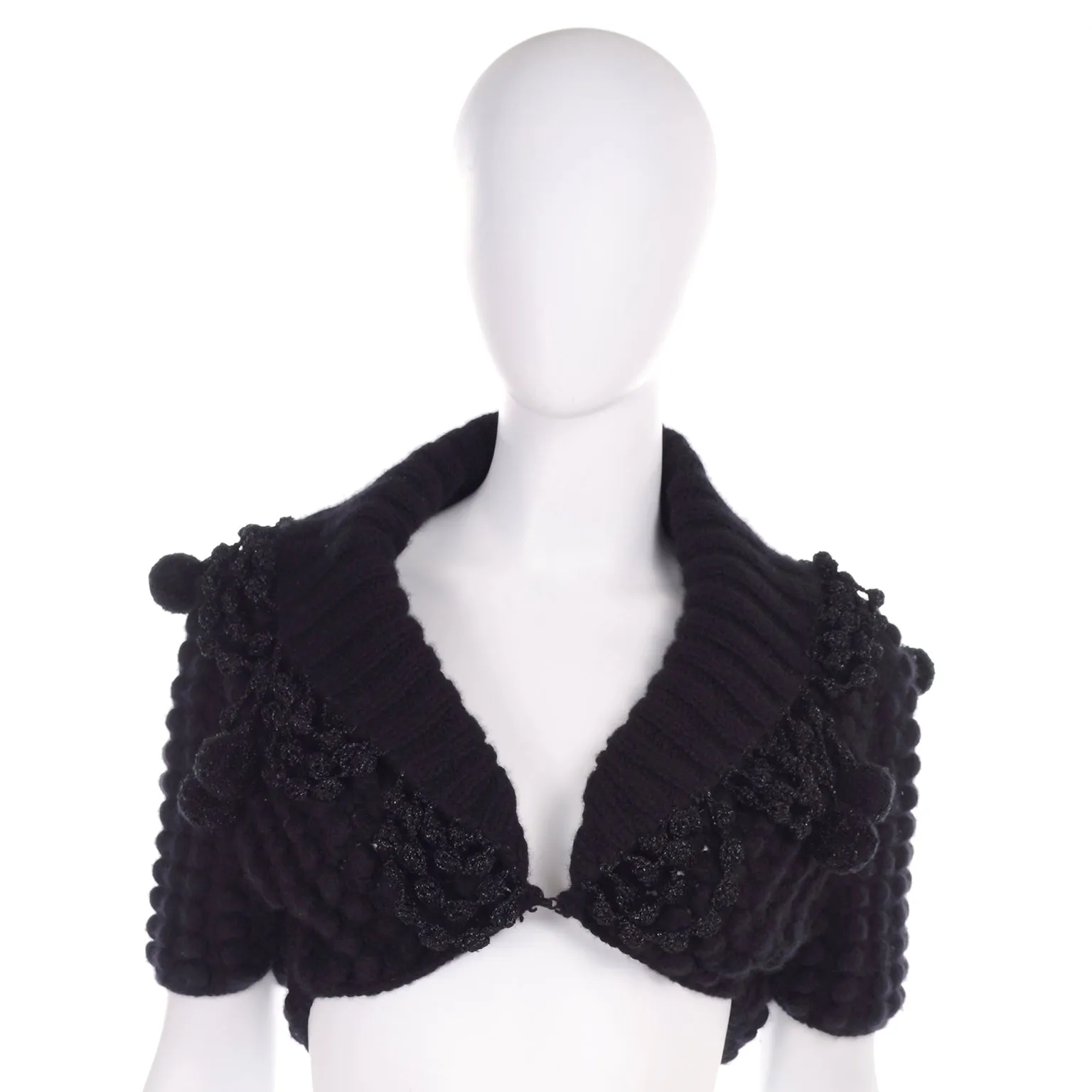 2006 Oscar de la Renta Black Cashmere Pom Pom Bolero Sweater Jacket