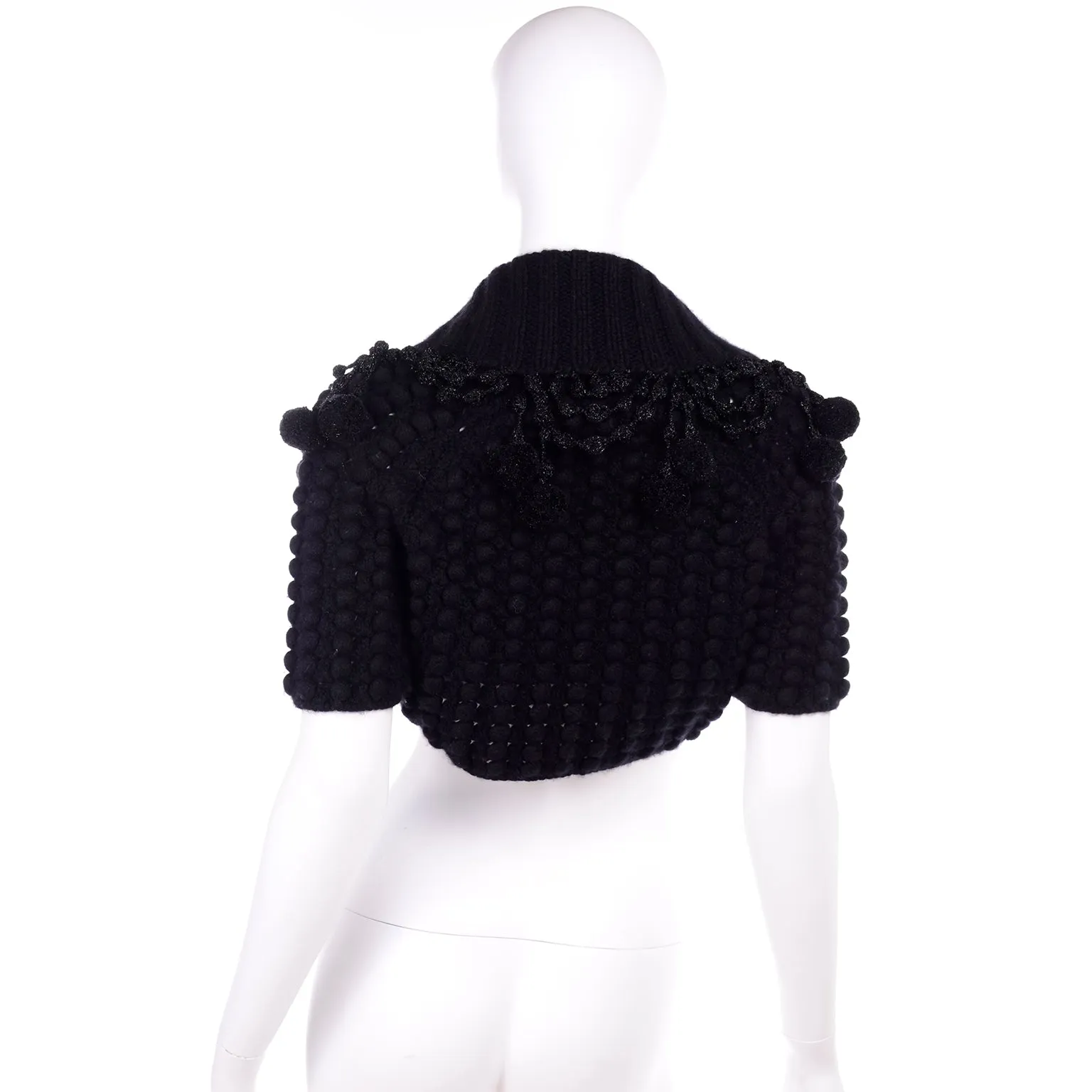 2006 Oscar de la Renta Black Cashmere Pom Pom Bolero Sweater Jacket