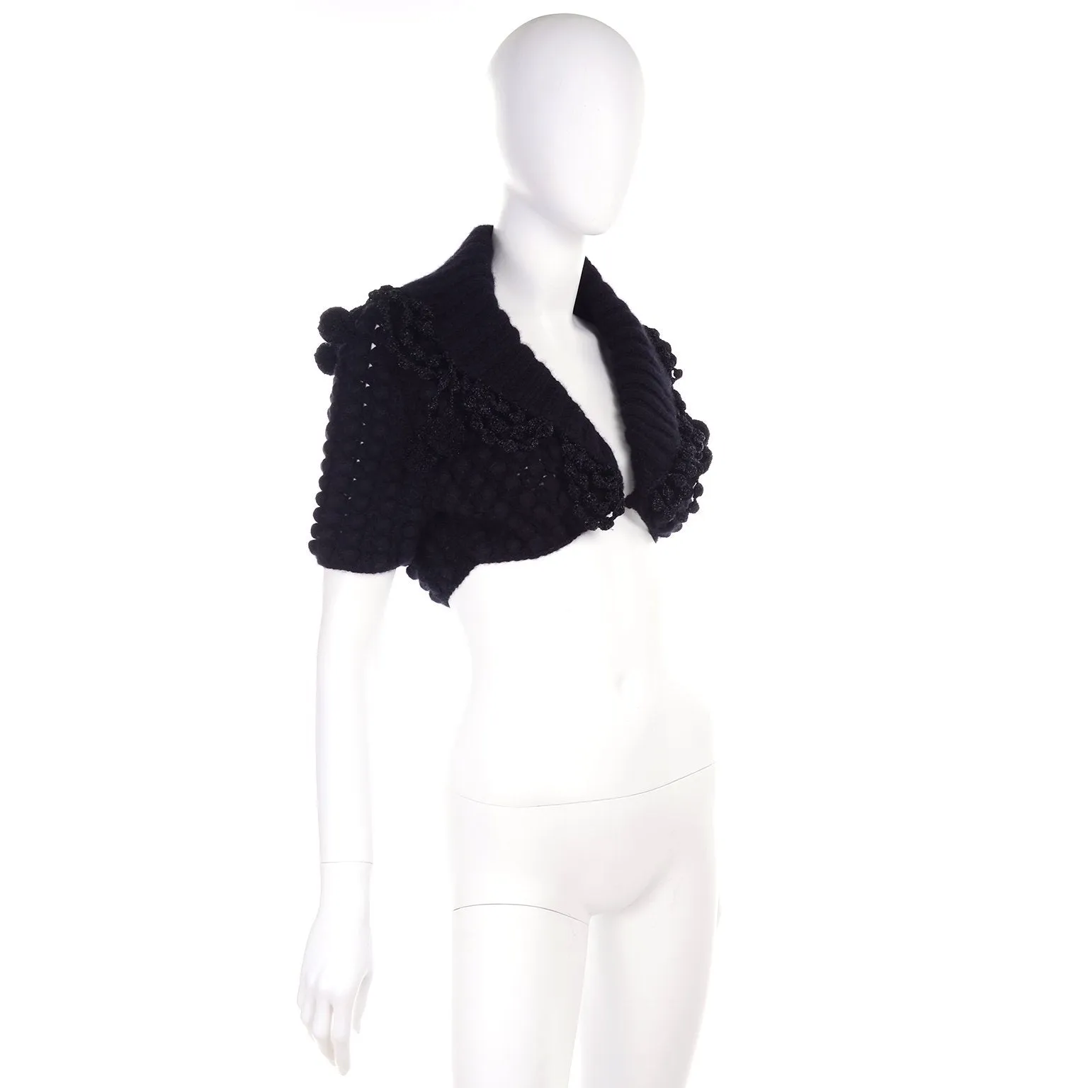 2006 Oscar de la Renta Black Cashmere Pom Pom Bolero Sweater Jacket