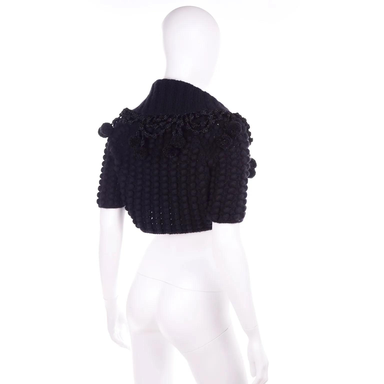 2006 Oscar de la Renta Black Cashmere Pom Pom Bolero Sweater Jacket