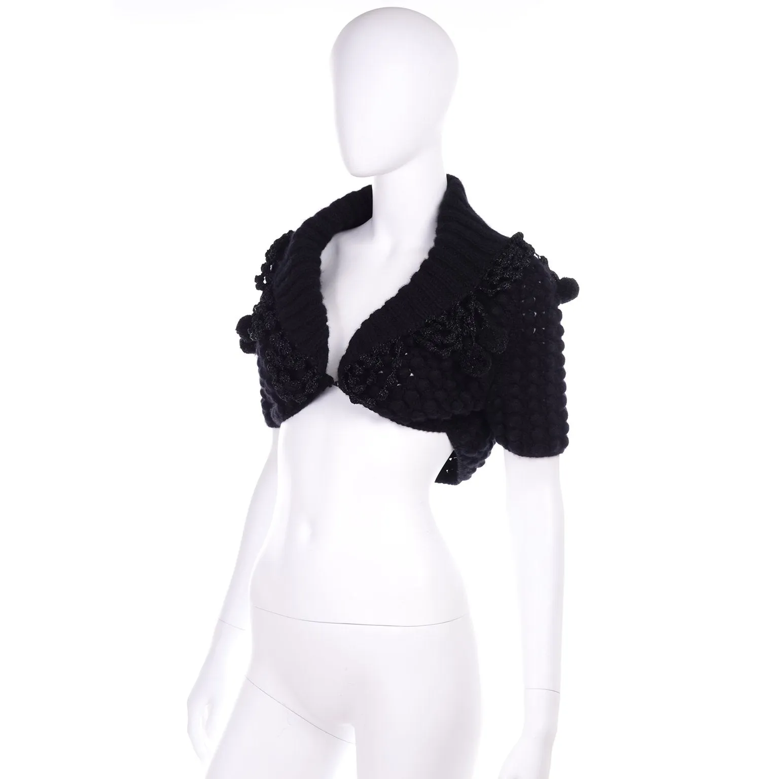 2006 Oscar de la Renta Black Cashmere Pom Pom Bolero Sweater Jacket