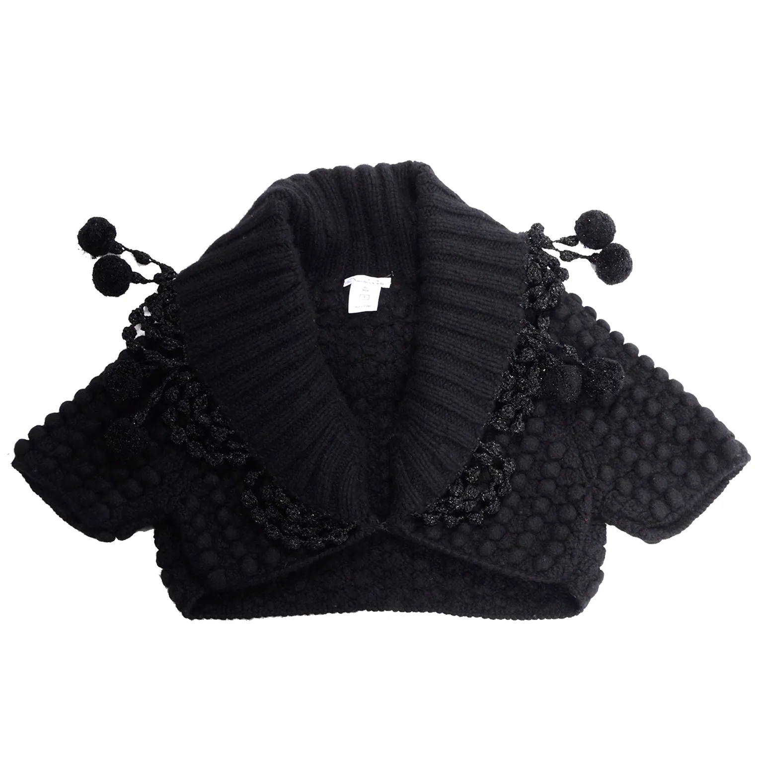 2006 Oscar de la Renta Black Cashmere Pom Pom Bolero Sweater Jacket