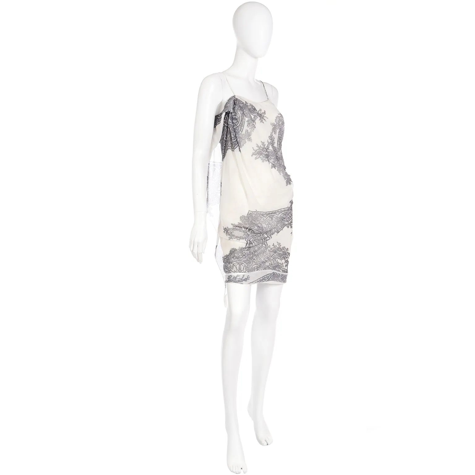 2007 John Galliano Deadstock Lace Print Black & White Silk Dress