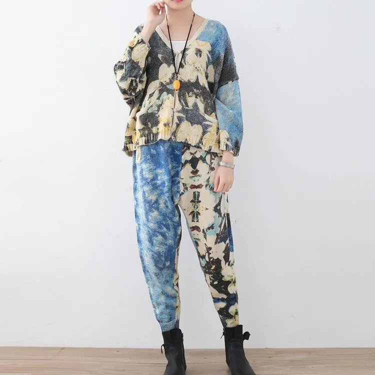 2018 new spring two pieces blue prints knit sweater and casual patchwork floral pants