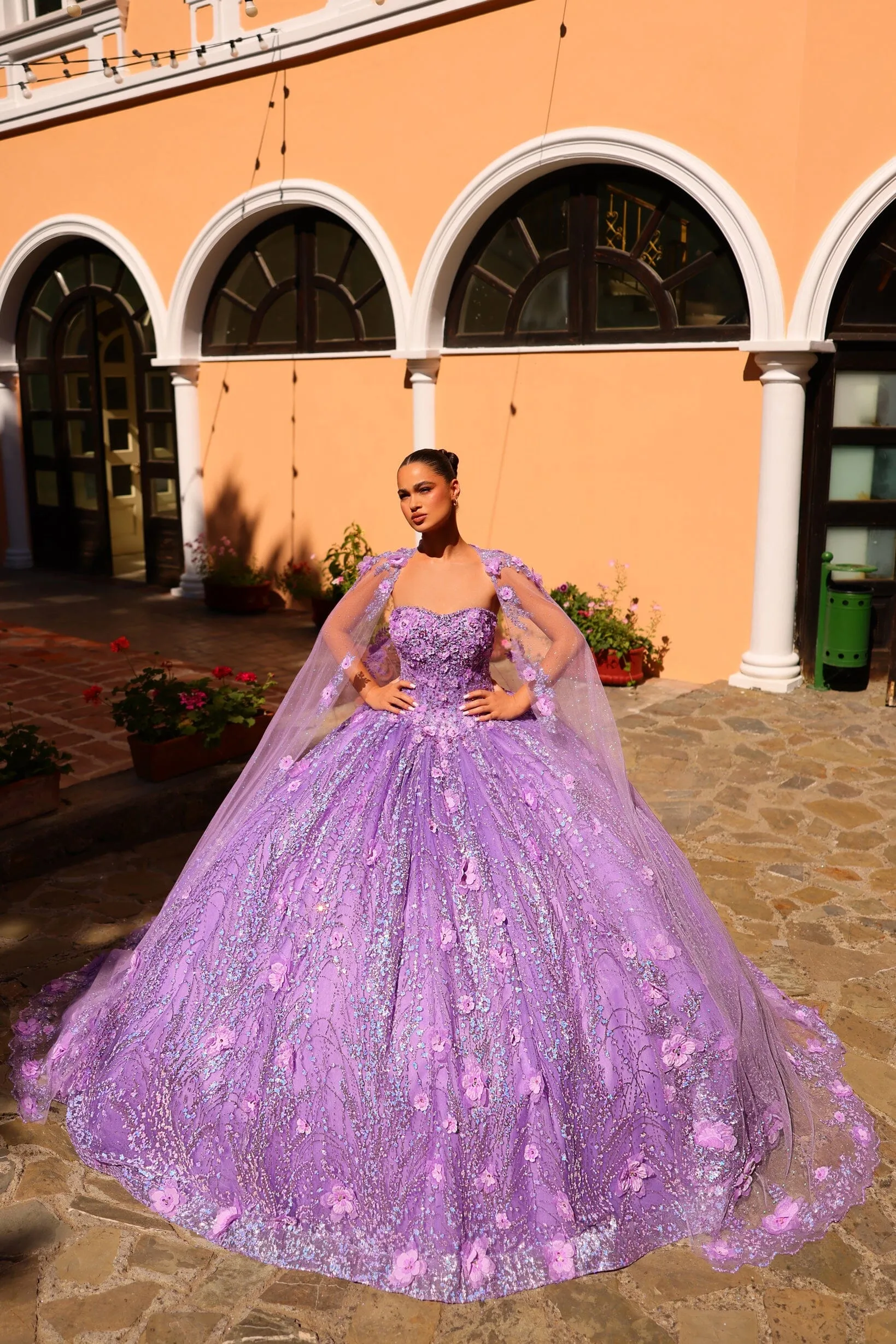 3D Floral Glitter Cape Quinceanera Dress by Amarra 54248