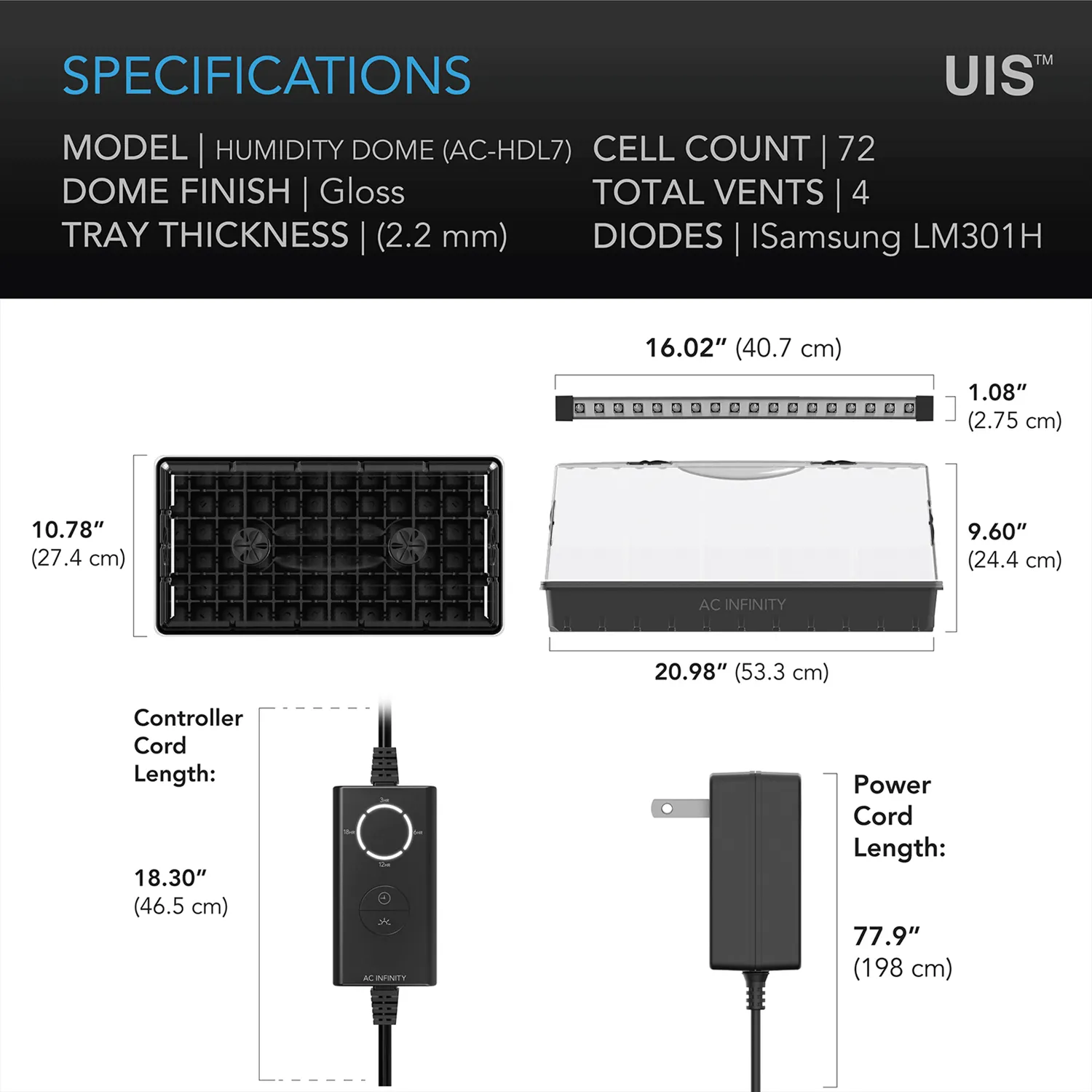 AC Infinity Humidity Dome, Germination Kit with LED Grow Light Bars, 6x12 Cell Tray