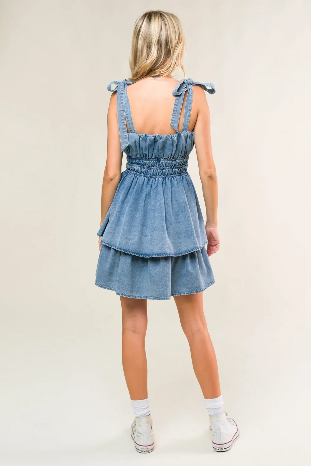 ALONG THE SHORELINE DENIM MINI DRESS