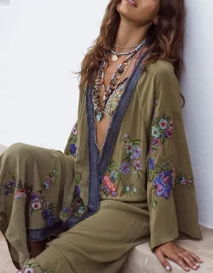 Army Green Boho Embroidered Kimono Beautiful Olive Floral Embroidery Bohemian Beach Cover Up Maxi Length Look Amazing One Size Fits Most