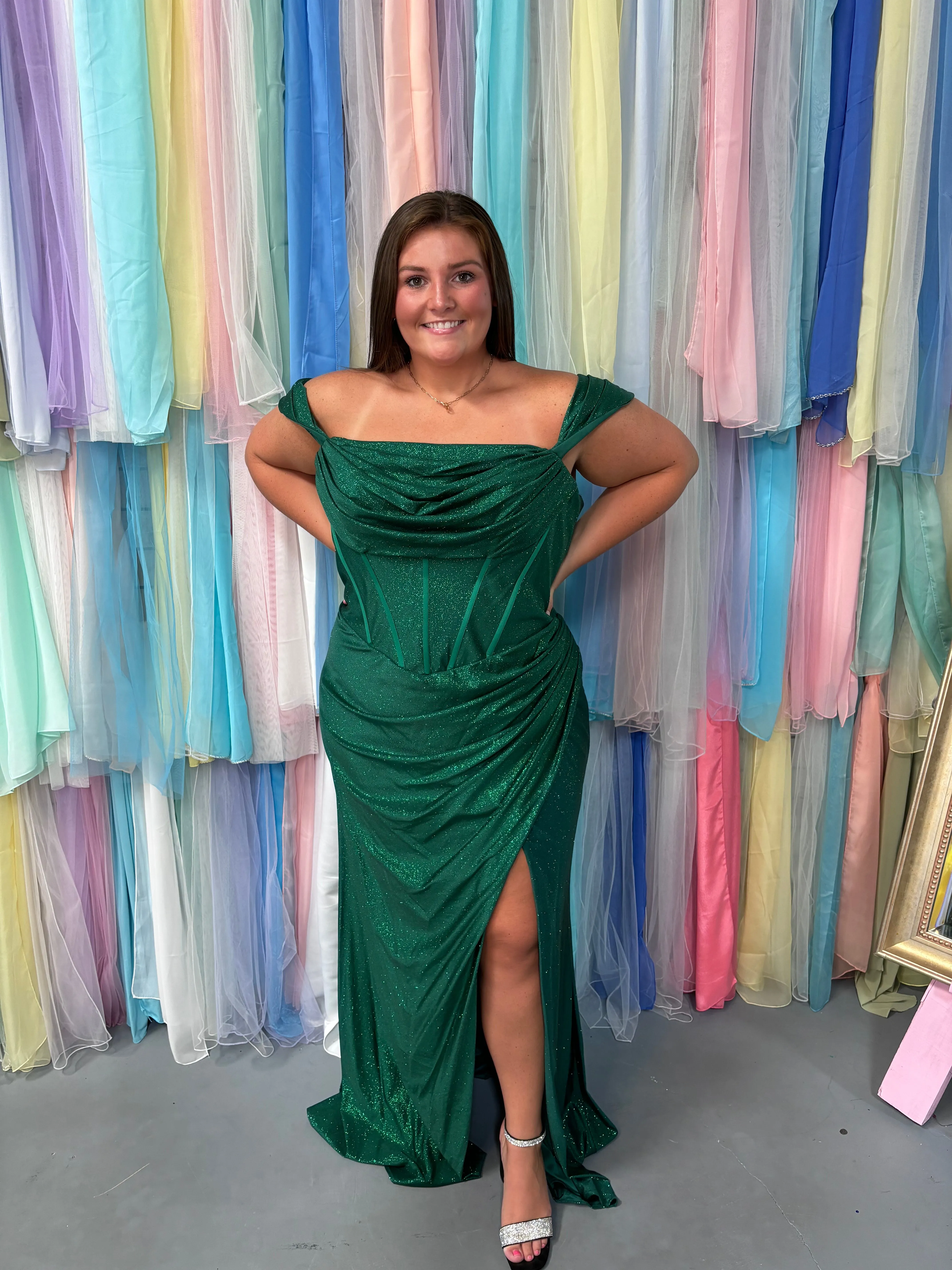 ATHENA Prom 8014 Corset Off the Shoulder Dress with Slit - Emerald, Red or Royal Blue