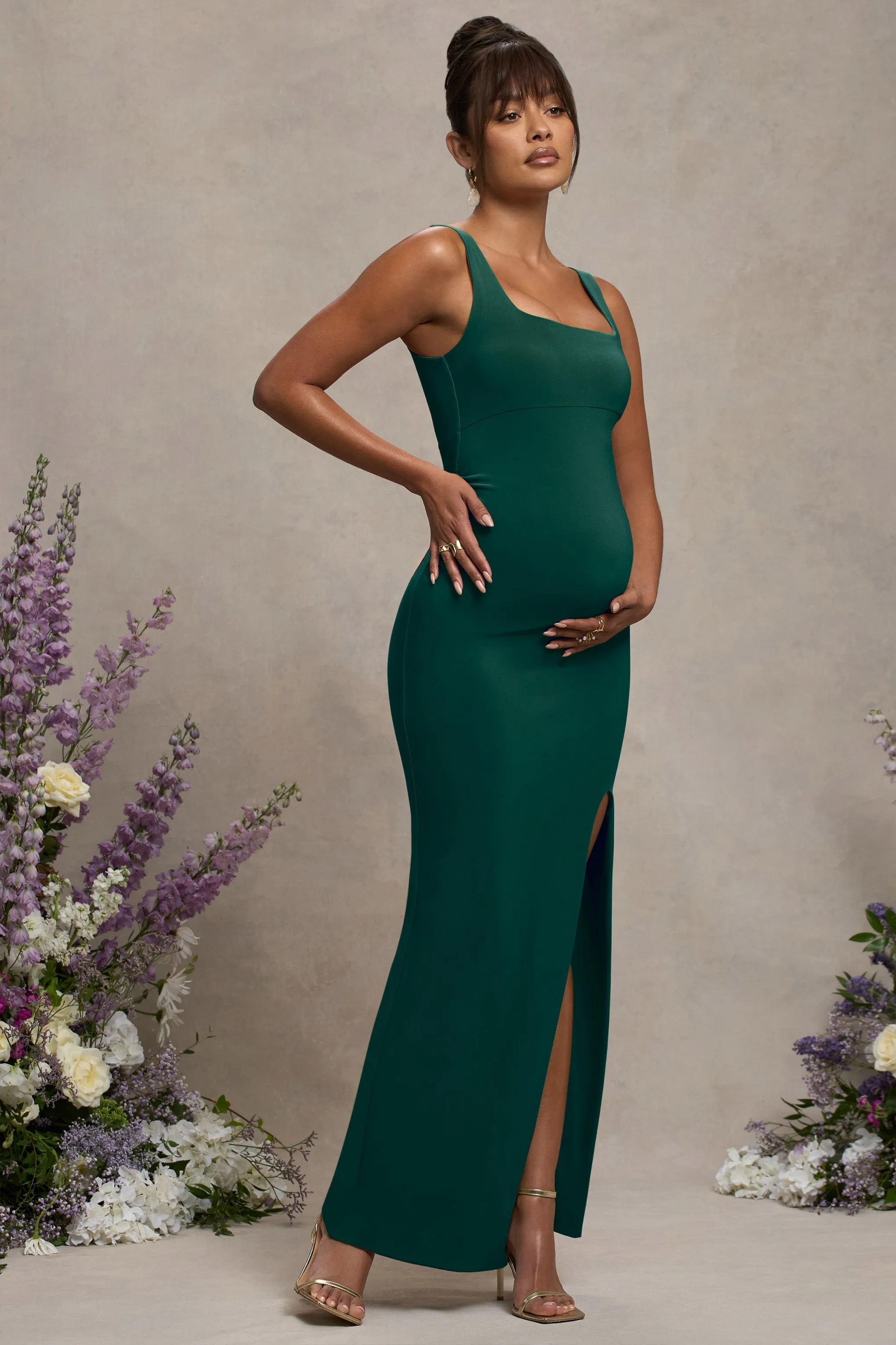 Avril | Bottle Green Square Neck Maternity Maxi Dress with Split