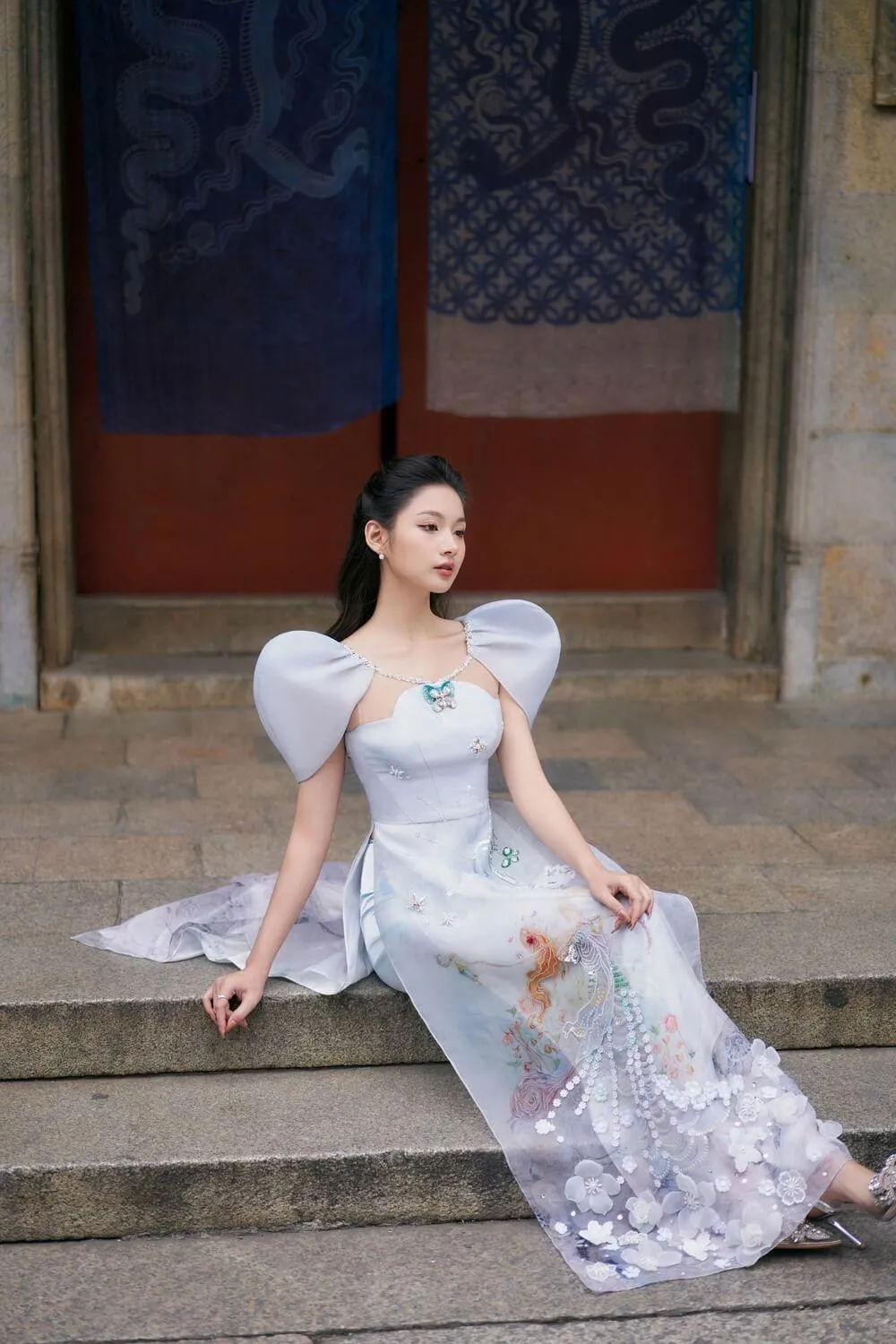 Azure Fitted Scoop Neck Organza Long Length Ao Dai