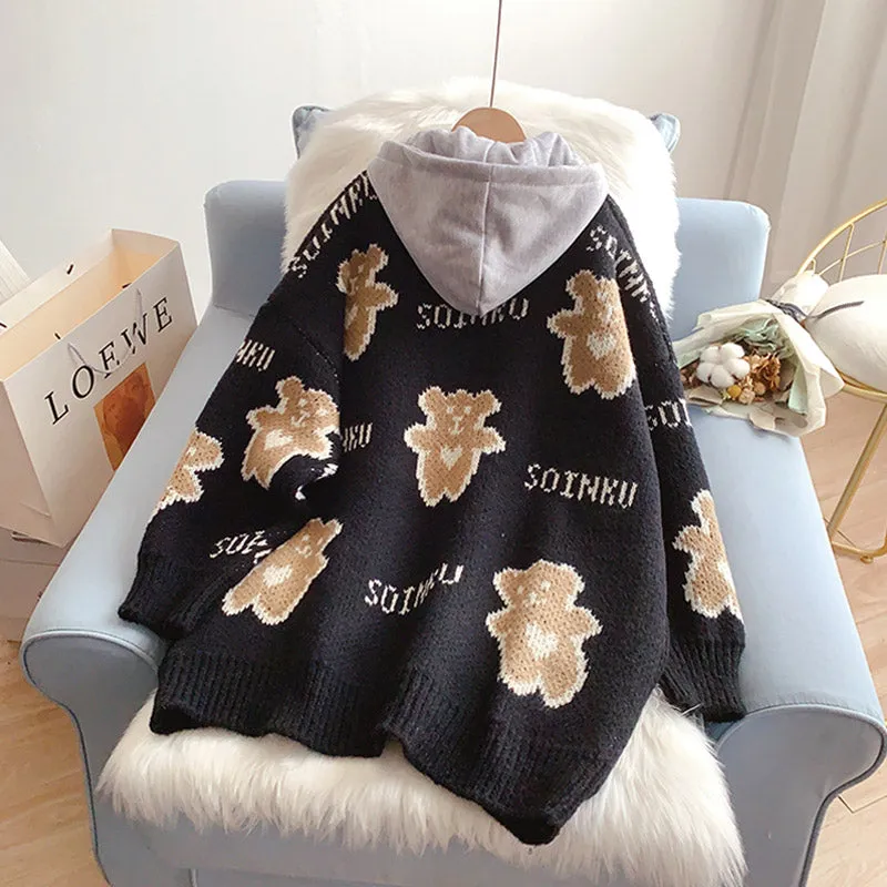 Bear sweater coat cardigan loose lazy wind  5246