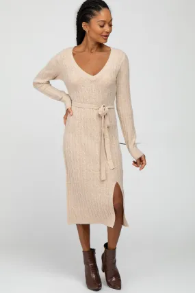 Beige Brushed Cable Knit Sweater Dress