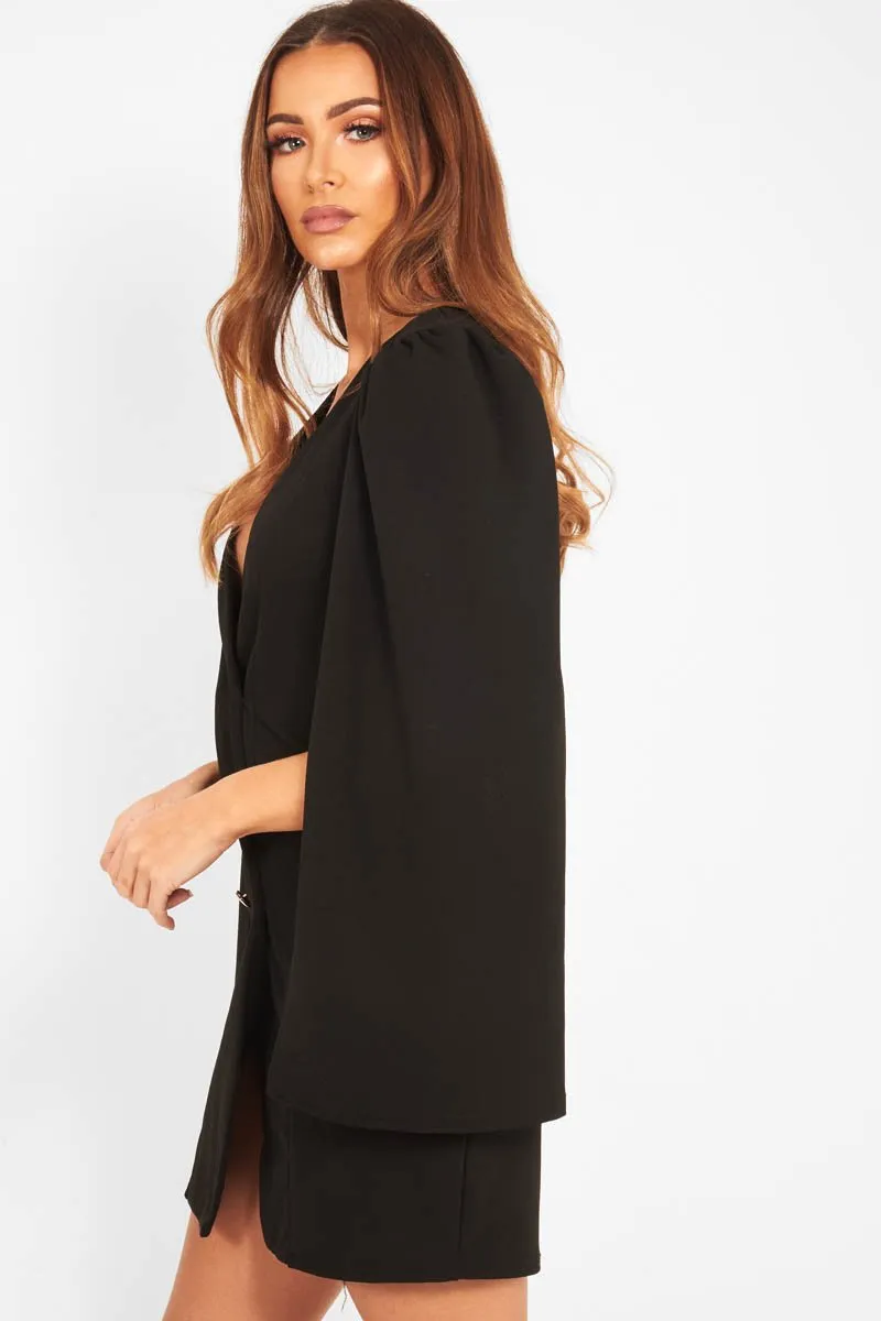 Black Button Front Cape Sleeve Blazer Dress - Abraya