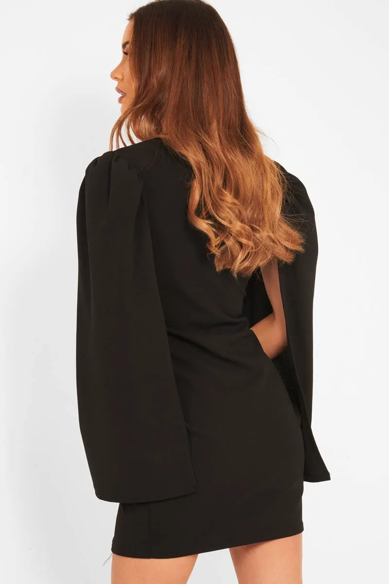 Black Button Front Cape Sleeve Blazer Dress - Abraya