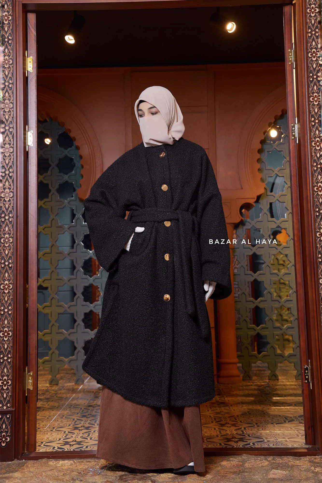 Black Damla Loose Warm Coat - Premium Teddy Wool