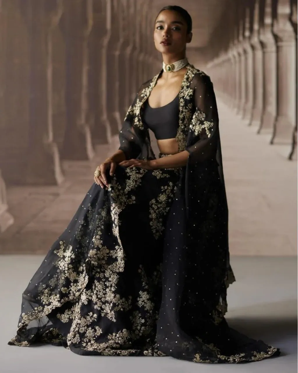 Black Sharara & Cape With Ivory Threadwork