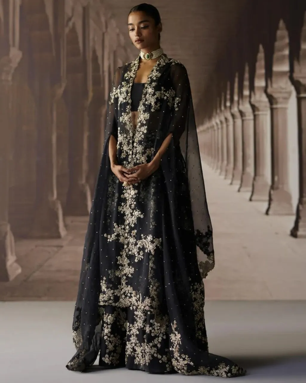 Black Sharara & Cape With Ivory Threadwork