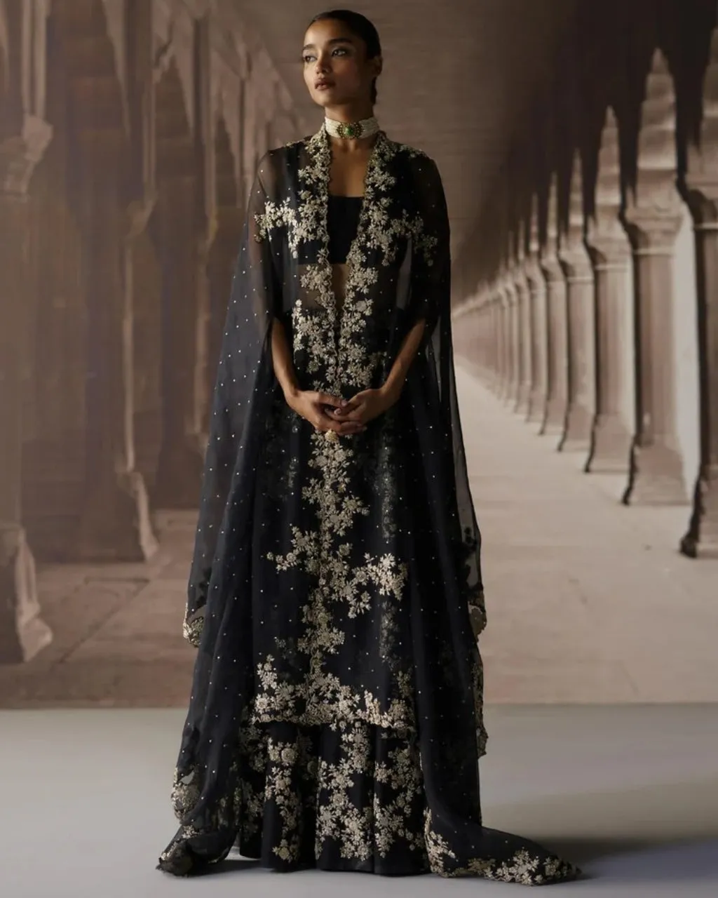 Black Sharara & Cape With Ivory Threadwork