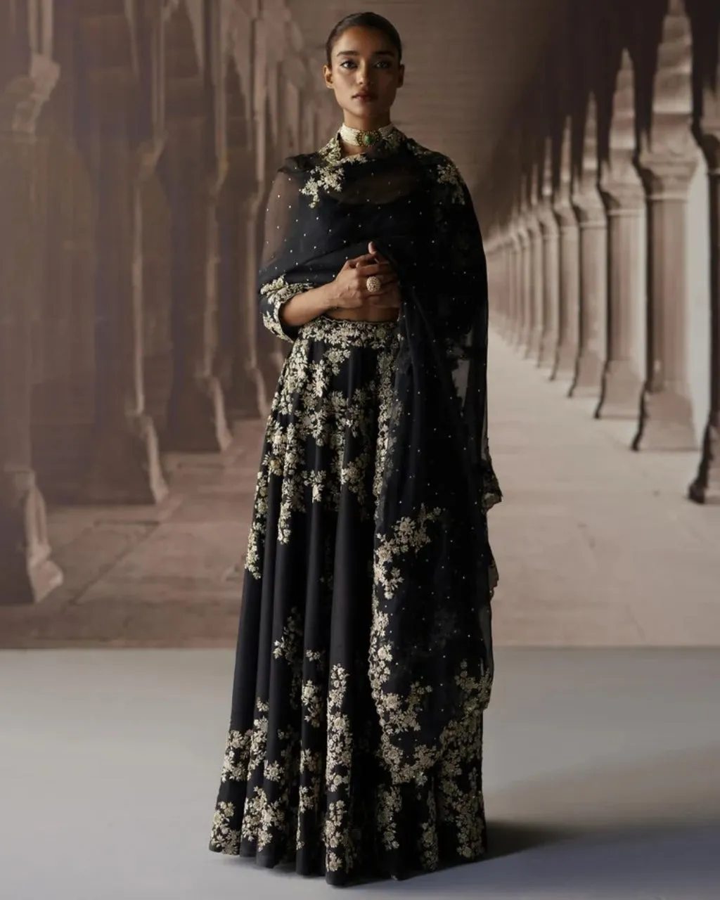 Black Sharara & Cape With Ivory Threadwork