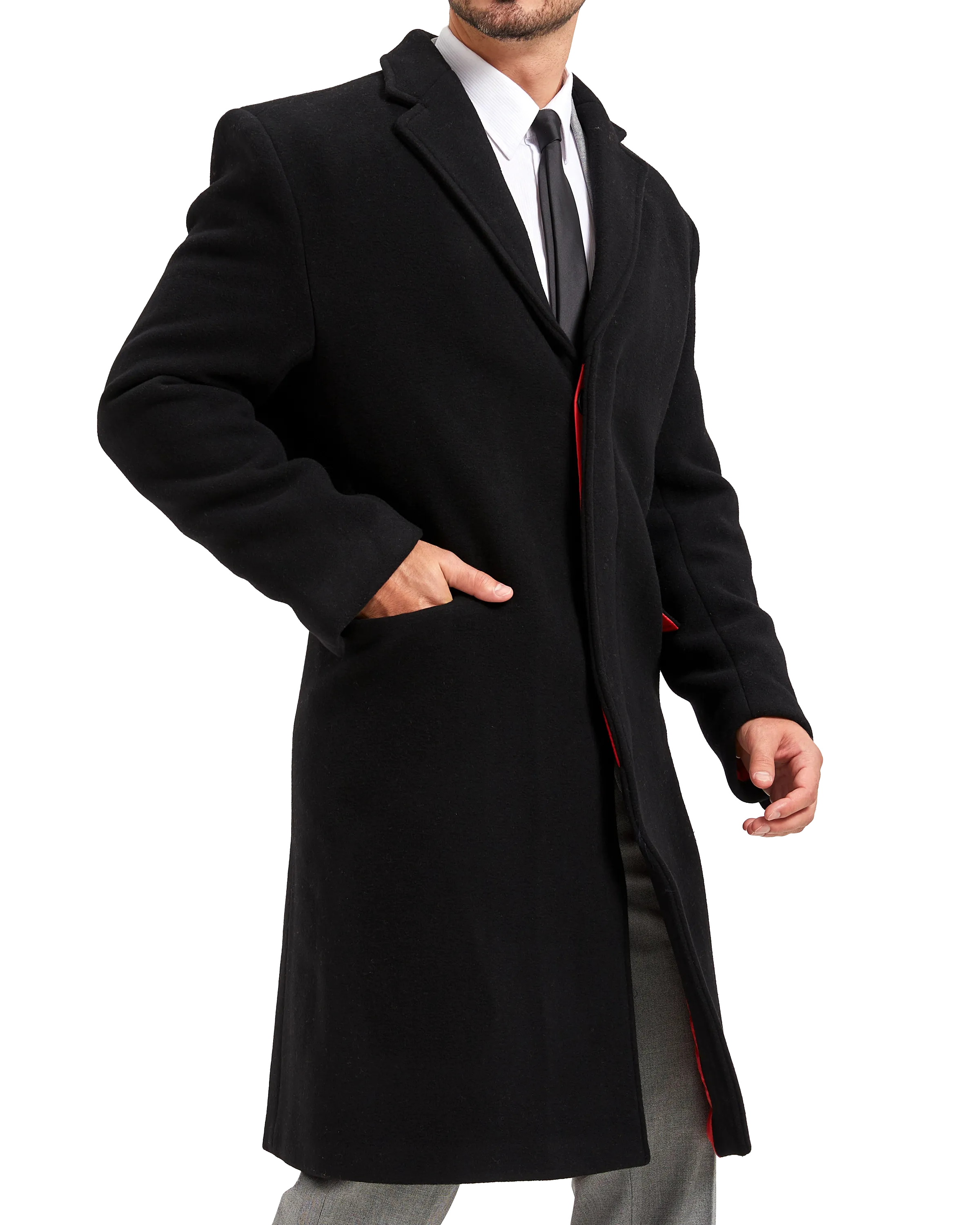 Black Wool Cashmere Bond Overcoat Red Lining