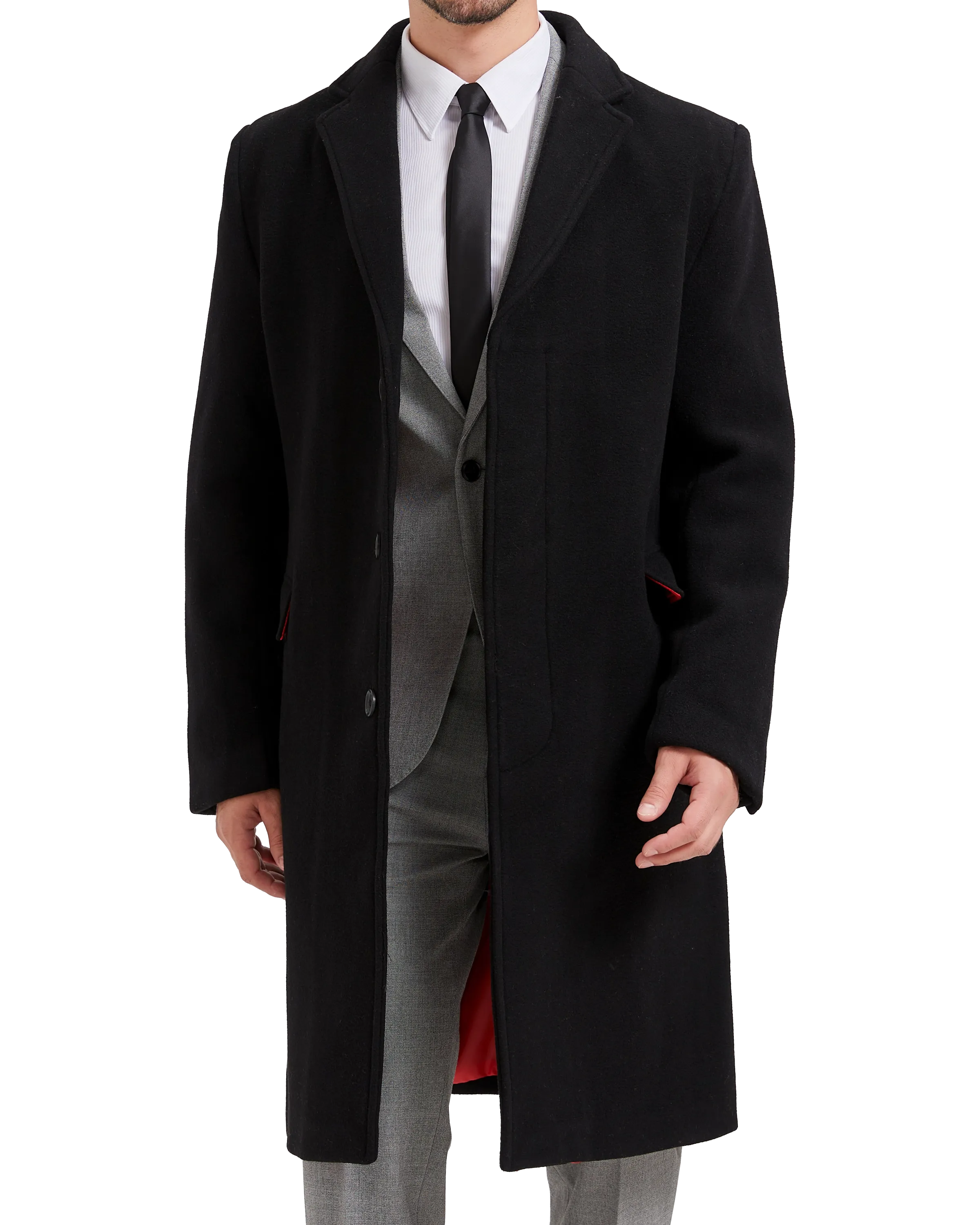 Black Wool Cashmere Bond Overcoat Red Lining