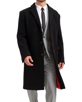 Black Wool Cashmere Bond Overcoat Red Lining