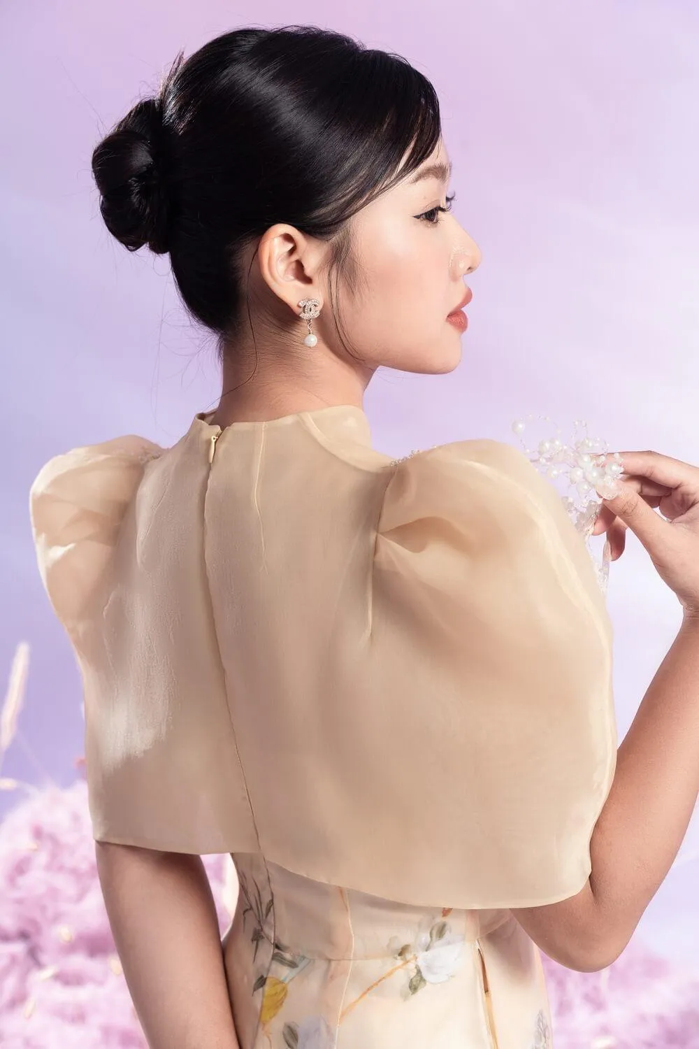 Blithe Fitted Cape Sleeved Organza Long Length Ao Dai