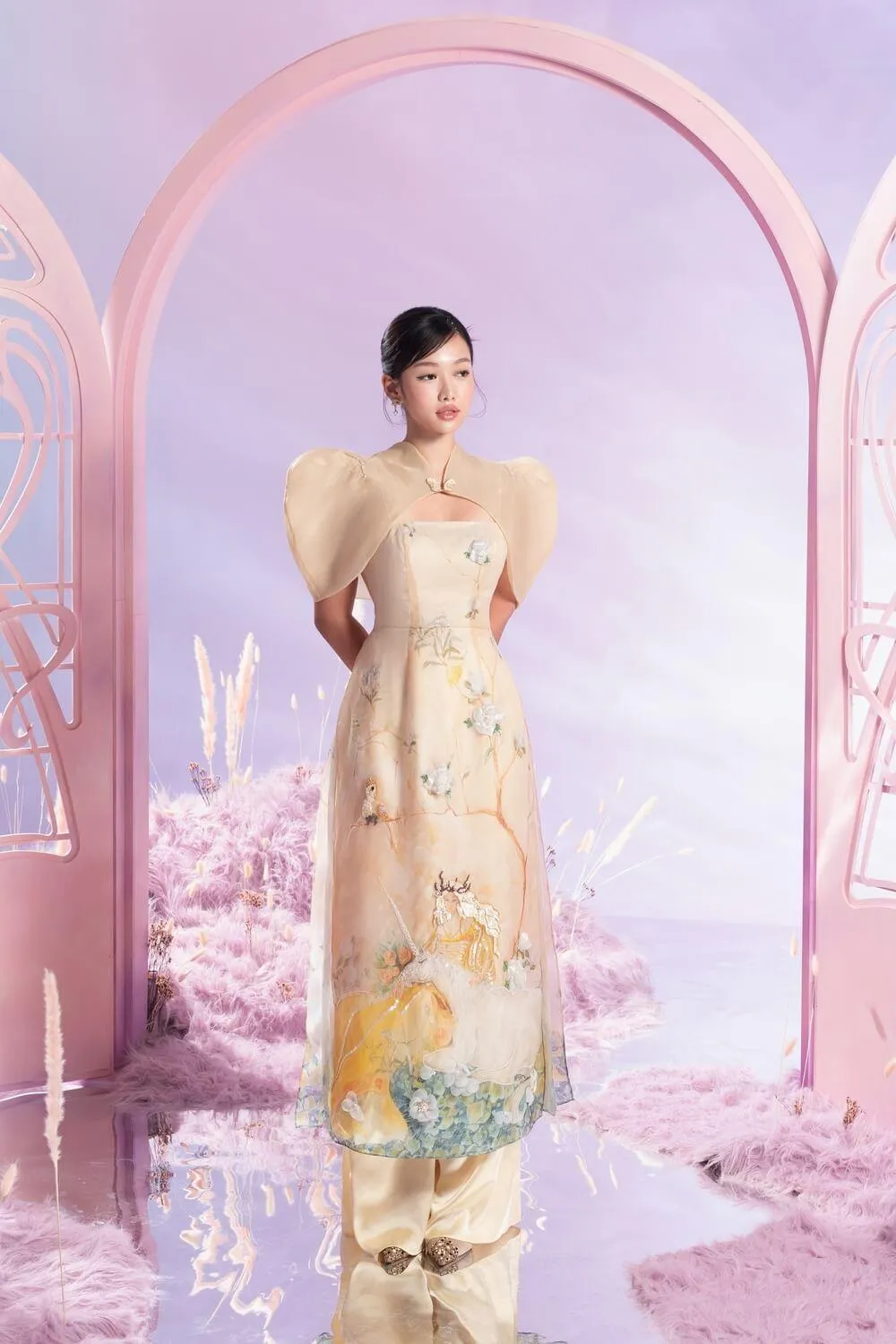 Blithe Fitted Cape Sleeved Organza Long Length Ao Dai