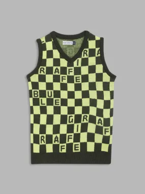 Blue Giraffe Boys Green Checked V-Neck Sleeveless Pullover Style Sweater