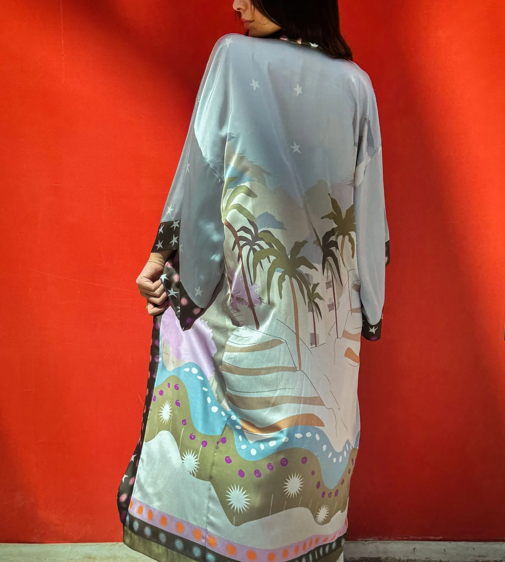 Blue Palm Valley Satin Kimono