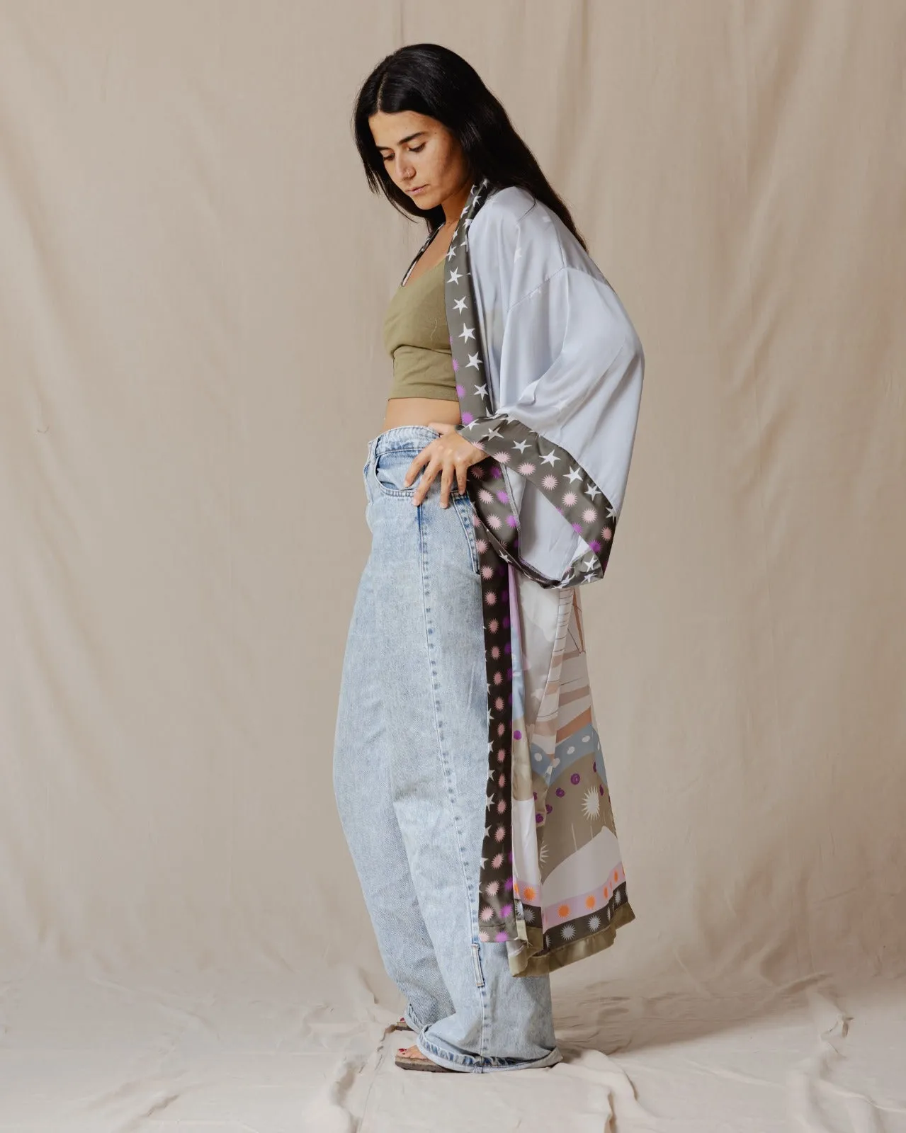 Blue Palm Valley Satin Kimono