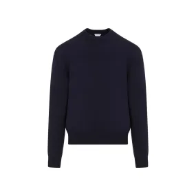 BOTTEGA VENETA Navy Crew-Neck Cashmere Sweater with Elbow Patches and Ribbed Knit Edges for Men