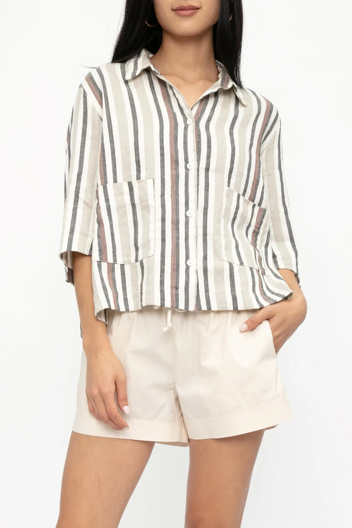 Boxy Linen Shirt Jacket in Carob Stripe