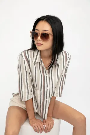 Boxy Linen Shirt Jacket in Carob Stripe