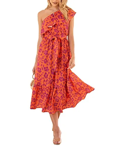 BTFBM Women's One Shoulder Maxi Dress Sleeveless Casual Summer Layered Ruffle Boho Floral Print Party Beach A-Line Dresses(Floral Orange Purple, Large)