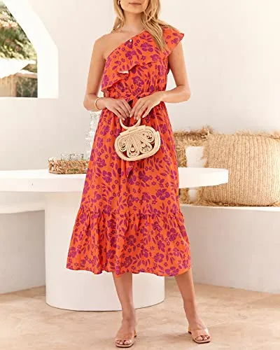 BTFBM Women's One Shoulder Maxi Dress Sleeveless Casual Summer Layered Ruffle Boho Floral Print Party Beach A-Line Dresses(Floral Orange Purple, Large)